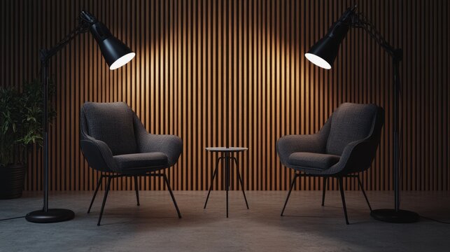 Professional podcast recording space with two chairs and a neutral background, ideal for adding branding or copy, perfect for media.