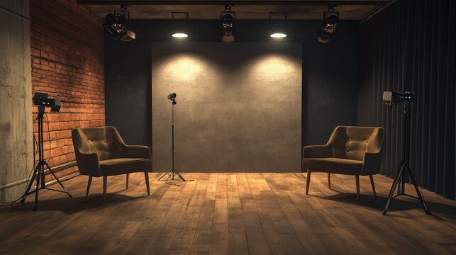 Professional studio interior with two chairs facing each other, perfect for podcasts and interviews, dim lighting for an intimate setting.