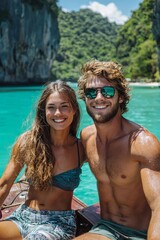 Fototapeta premium Young couple enjoying a traditional Thai longtail boat ride through crystal-clear waters, surrounded by lush limestone cliffs, relaxed and adventurous mood, vibrant tropical setting