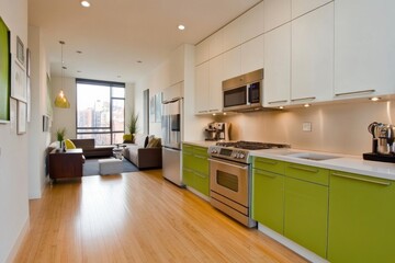 Fototapeta premium Modern Kitchen with Green Cabinets and Stainless Steel Appliances