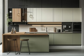 Modern Kitchen Interior with Green Cabinets and Island