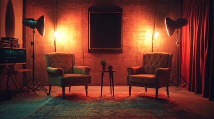 Simple podcast studio with two chairs and moody lighting, cozy setup for intimate conversations or media branding, perfect for streamers.