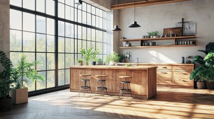 Spacious Wooden Kitchen with Large Island and Natural Light