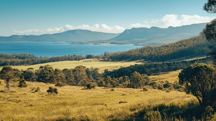 Naklejka premium Lush green valley with hills, lake, and trees under clear blue sky