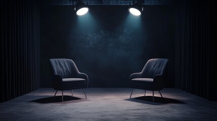 Two-chair podcast studio with dark background, spotlighting, and space for copy, ideal for an interview setting with a professional feel.