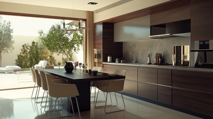 Obraz premium Modern Kitchen with Dining Area and Garden View