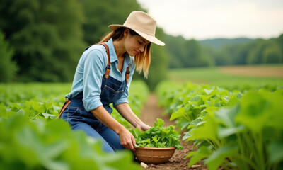 Woman Harvesting Fresh Greens in a Rural Field