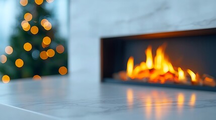 Create a cozy atmosphere by the fireplace with beautiful holiday decorations and warm lighting