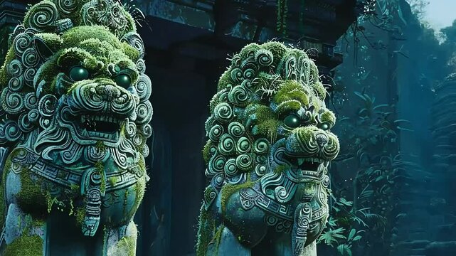 Two Moss Covered Stone Statues Guarding the Entrance to an Ancient Temple, Mythical Lions