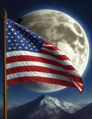 American flag against full moon