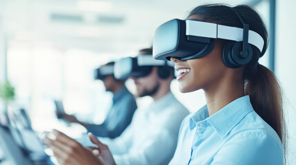 A focused woman engages with virtual reality technology, showcasing innovation in a modern workspace environment.