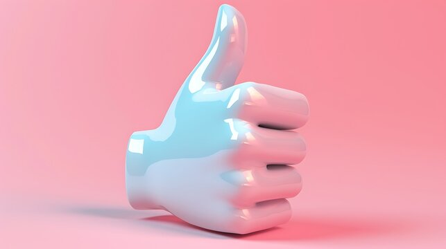 A 3D rendering of a blue and pink thumbs up. The thumbs up is facing the viewer and is on a pink background.