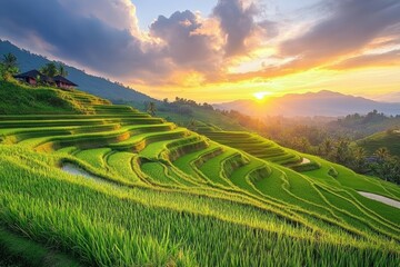 Fototapeta premium Captivating Sunset Over Lush Green Terraced Rice Fields: A Serene Landscape Embracing Nature's Beauty and Agricultural Harmony