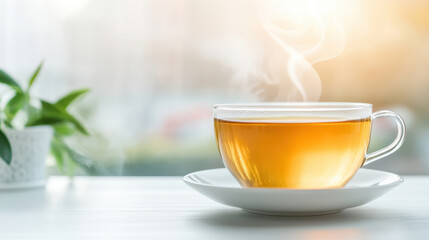 A warm cup of tea exuding steam, placed on a table with natural light and green plant, evoking comfort and relaxation.