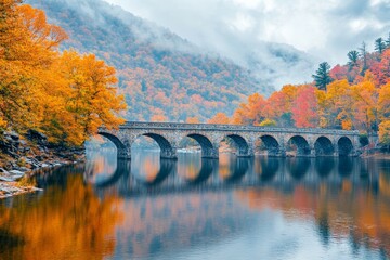 Fototapeta premium Serene Autumn Reflection: A Charming Stone Bridge Arches Over the Tranquil Waters, Surrounded by Lush Fall Foliage and Misty Mountain Backdrops