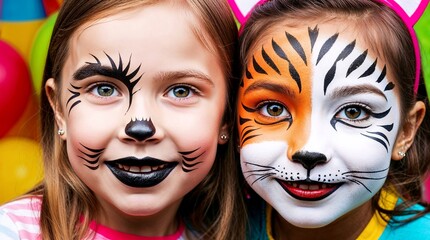 Two smiling adorable young girl at a kids party, their face decorated with vibrant, artistic face paint that includes colorful patterns. The face paint is intricate yet childlike, with bright colours 