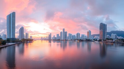 Fototapeta premium Stunning sunrise over city skyline reflected in serene waterway a panoramic view of urban beauty