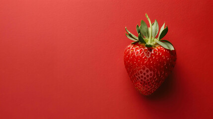 A close-up image of a fresh, ripe strawberry on a solid red background. The strawberry is in focus, with its green leaves and red, juicy flesh.