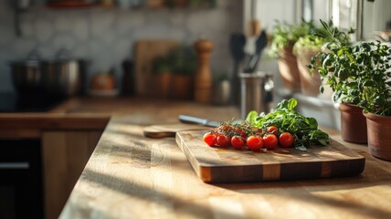 Fresh cherry tomatoes and herbs on wooden kitchen counter in sunlight