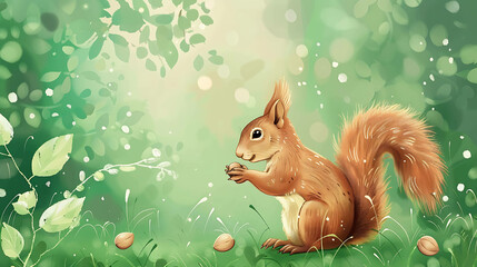 Obraz premium Cute squirrel eating a nut in the forest. The squirrel is sitting on a rock, surrounded by green leaves.