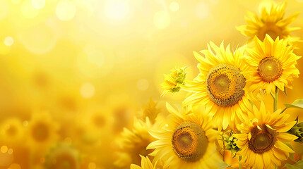 Fototapeta premium Beautiful sunflowers in full bloom against a blurry background of a field of sunflowers.