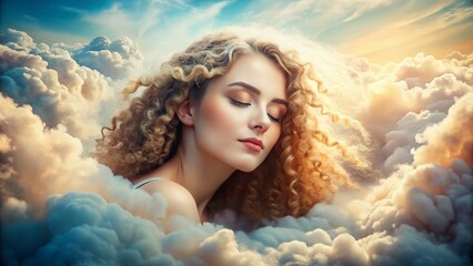 Naklejka premium Ethereal Portrait of a Young Curly Woman with Closed Eyes Surrounded by Dreamy Clouds - Candid Photography Capturing Serenity and Peacefulness in Nature