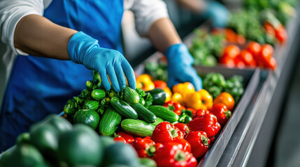Worker sorting fresh vegetables on a conveyor belt in a food processing plant.