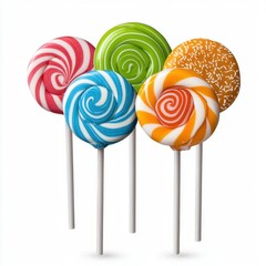 A photostock of colorful lollipops in bright wrappers, isolated on white background, High Quality