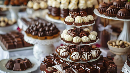 A decadent display of chocolate desserts. There are chocolate cupcakes, cakes, and truffles. The desserts are arranged on tiered stands and platters.