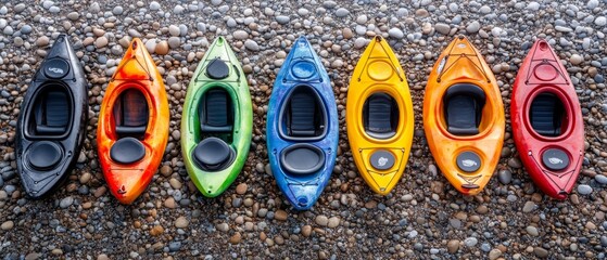 A vibrant array of kayaks sits side by side on a rocky shoreline, inviting enthusiasts for a day of exploration and activity on the lake