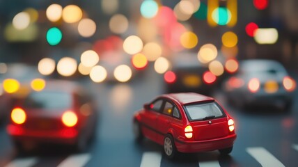 Fototapeta premium Blurred city lights and traffic with red toy car in focus on striped pavement