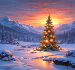 Illustration of crhistmas tree with winter landscape..