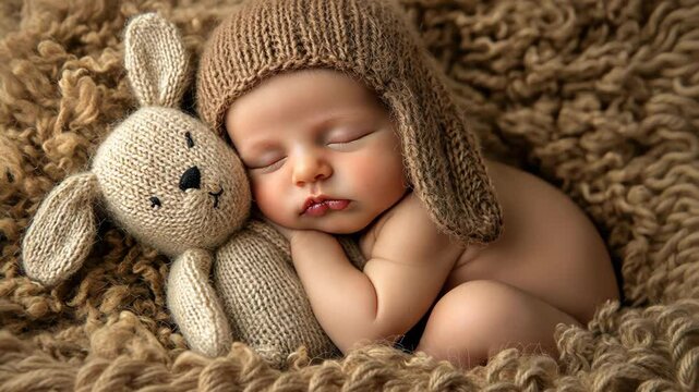 A newborn baby sleeps soundly in a knitted hat and snuggles a knitted bunny, all while nestled in a fluffy blanket