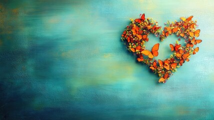 Heart-shaped arrangement of red flowers and orange butterflies on textured greenish-blue background