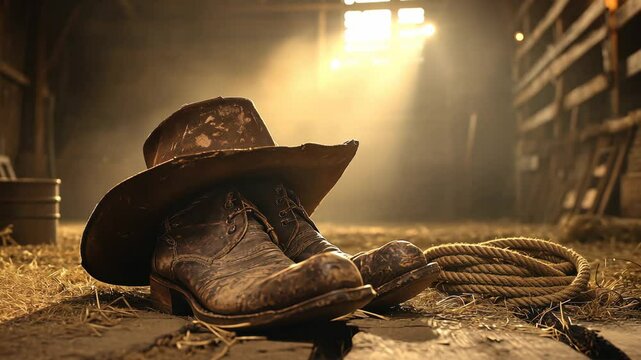 A pair of worn cowboy boots and a hat lay in a dusty barn