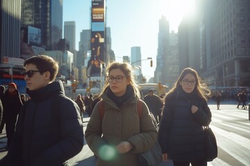 Fototapeta premium people walking in the streets of busy city. Sunny day.