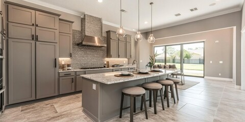Fototapeta premium Modern Kitchen with Kitchen Island and Pendant Lights