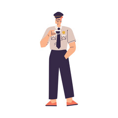 Policeman Character in Uniform with Tie Drink Coffee Vector Illustration