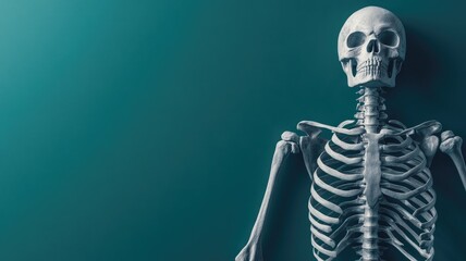 Human skeleton model against teal background