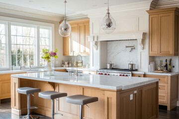 Fototapeta premium Modern Kitchen with Island, White Marble, and Wooden Cabinets
