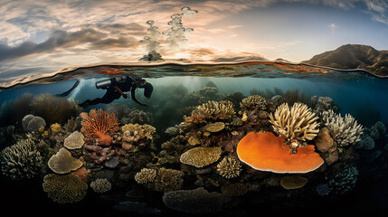 A group of Black divers swims gracefully through a colorful coral reef alive with various marine creatures as the sun sets above the water