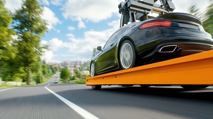Loading a sleek black SUV onto an orange flatbed truck while cruising through a vibrant city highway under a cloudy sky