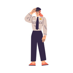 Policewoman Character in Uniform with Tie Greeting with Salute Gesture Vector Illustration