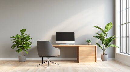 Create a modern office workspace with stylish furniture and green plants for enhanced productivity
