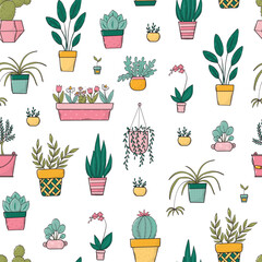 Home plants seamless pattern decorated with cartoon elements, doodles for wallpaper, wrapping paper, scrapbooking, stationery, backgrounds, textile prints, etc. EPS 10