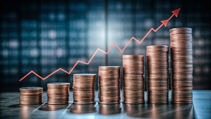 Financial Growth Concepts: Stacks of Coins with a Red Line Graph Showing Rising Profits, Symbolizing Wealth Increase, Investment Success, and Economic Prosperity in a Modern Business Environment