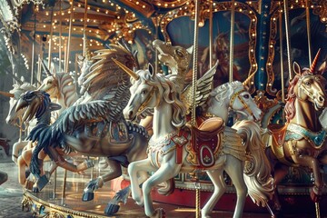 A Close-Up View of a Carousel with Horses and a Mythical Creature