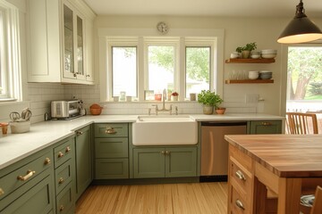 Farmhouse Kitchen with Green Cabinets, White Sink, and Wooden Island