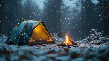 Campfire with tent in snowy forest, winter camping experience, warmth of fire, cold weather adventure, snow-covered wilderness, outdoor survival, camping in nature, peaceful snowy retreat, wilderness 