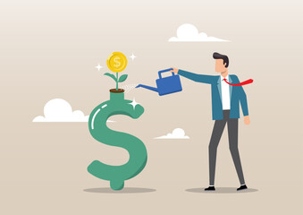 businessman watering growing seedling with dollar money coin flower